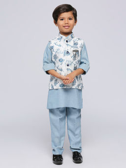 Kids Island - Boys Blue Kurta & Pyjama with Silk Cotton Jacket Jacquard (Set of 3)