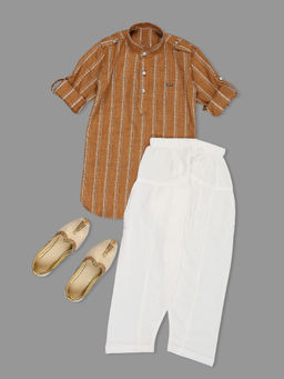 Kids Island - Boys Brown Pathani Cotton Kurta Top with Rayon Bottom (Set of 2)