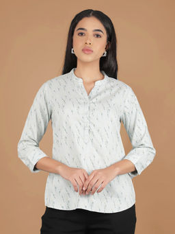 CRIMSOUNE CLUB - Womens Off White Floral Print Mandarin Collar Top