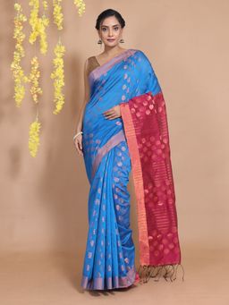 CHARUKRITI - Sapphire Blue Cotton Zari Motifs & Striped Pallu Handwoven Saree with Unstitched Blouse