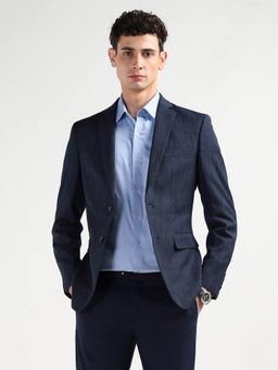 Arrow - Men Navy Blue Self Design Chevron Tailored Fit Blazer