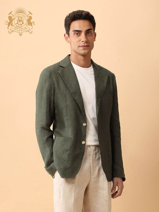 U.S. POLO ASSN. Men Green Pure Linen Slim Fit Blazer