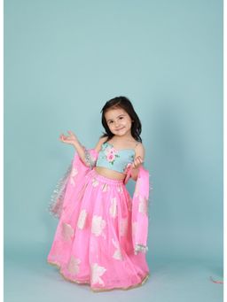 Tiny Pants - Pink Organza Lehnga With Blue Floral Choli (Set of 3)