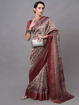 Akhilam - Women Linen Blend Beige Digital Print Designer Saree with Unstitched Blouse