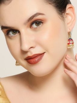 OOMPH - Jewellery Red Meenakari Kundan and Pearls Small Ethnic Jhumka Earrings