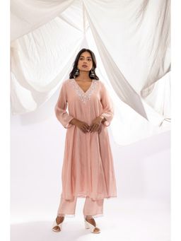 PANTS AND PAJAMAS - Blush Pink Chanderi Mull Chikan Kurta with Pant (Set of 2)