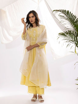 PANTS AND PAJAMAS - Light Yellow Printed Chanderi Mull Kurta with Pant & Dupatta (Set of 3)