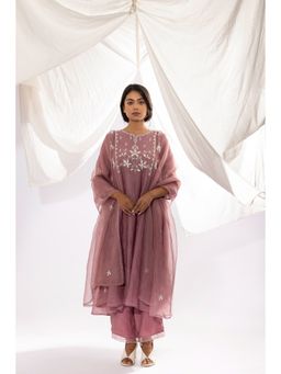 PANTS AND PAJAMAS - Lilac Printed Chanderi Mull Kurta with Pant & Dupatta (Set of 3)