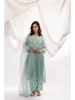 PANTS AND PAJAMAS - Aqua Chanderi Mull Kurta, Inner with Pant & Dupatta (Set of 4)