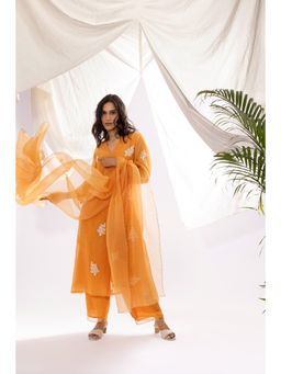 PANTS AND PAJAMAS - Orange Chanderi Mull Kurta with Pant & Dupatta (Set of 3)