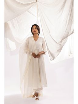 PANTS AND PAJAMAS - White Chanderi Mull Chikan Kurta with Pant & Dupatta (Set of 3)