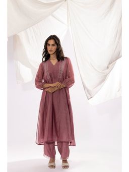 PANTS AND PAJAMAS - Mauve Chanderi Mull Chikan Kurta with Pant & Dupatta (Set of 3)