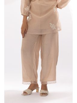 PANTS AND PAJAMAS - Ivory Cotton Silk Scallop Pant