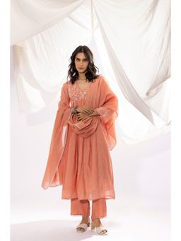 PANTS AND PAJAMAS - Peach Printed Chanderi Mull Dupatta