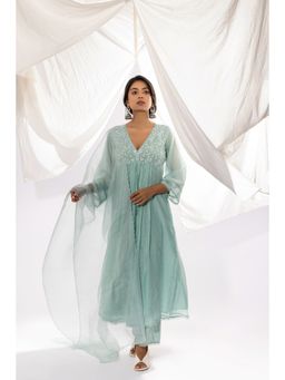 PANTS AND PAJAMAS - Aqua Organza Dupatta with Thread Work On It.