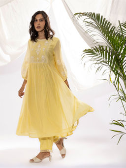 PANTS AND PAJAMAS - Light Yellow Printed Chanderi Mull Kurta