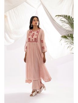 PANTS AND PAJAMAS - Pink Printed Chanderi Mull Kurta