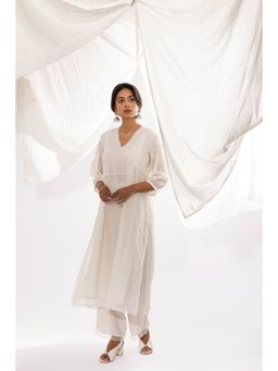 PANTS AND PAJAMAS - White Chanderi Mull Chikan Kurta