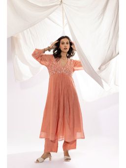 PANTS AND PAJAMAS - Peach Chanderi Mull Chikan Kurta