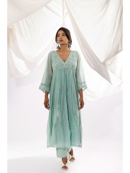 PANTS AND PAJAMAS - Aqua Chanderi Mull Chikan Kurta