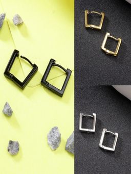 Gahan - Men Pack of 3 Multicolor Rhodium-Plated Geometric Shape Stainless Steel Hoop Earrings