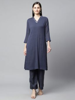 Barara Ethnic - Navy Blue Sequins Embroidered Kurta (Set of 2)