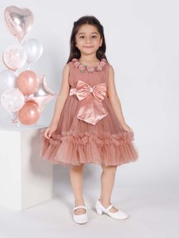 Mini Stitch - Girls Peach Self Design Knee Length Dress
