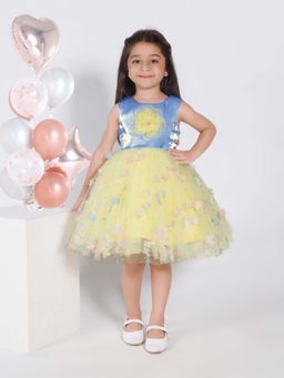 Mini Stitch - Girls Yellow Self Design Knee Length Dress