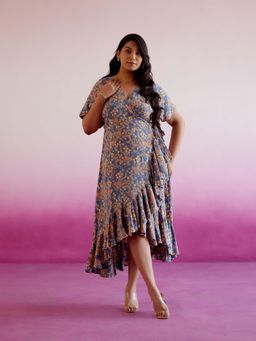 Sonsie - Women Blue Floral Midi Plus Size Dress