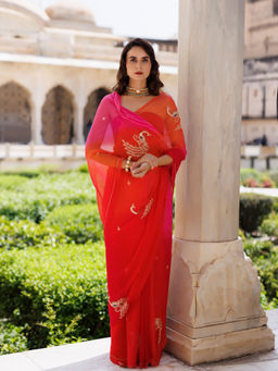 Geroo Jaipur - Pink & Orange shaded Hand embroidered Chiffon saree