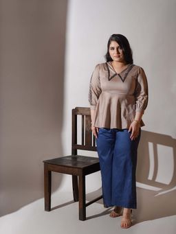 Amoh - Beige Eve Top With Blue Pant (Set of 2)