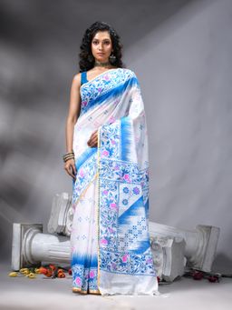 Angoshobha - Indigo Cotton Blend Printed Saree With Unstitched Blouse