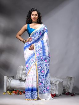 Angoshobha - Blue Cotton Blend Printed Saree With Unstitched Blouse