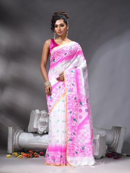 Angoshobha - Pink Cotton Blend Printed Saree With Unstitched Blouse