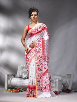 Angoshobha - Red Cotton Blend Printed Saree With Unstitched Blouse
