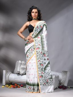 Angoshobha - Olive Cotton Blend Printed Saree With Unstitched Blouse