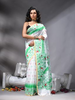 Angoshobha - Women Green Cotton Blend Printed Saree With Unstitched Blouse