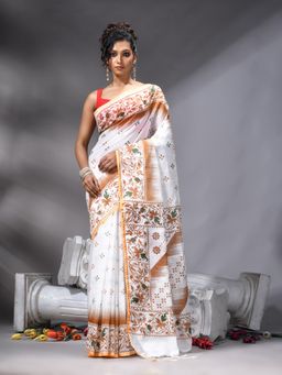 Angoshobha - Brown Cotton Blend Printed Saree With Unstitched Blouse