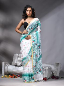 Angoshobha - Green Cotton Blend Printed Saree With Unstitched Blouse