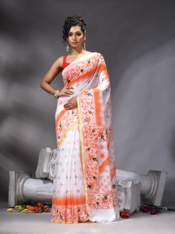 Angoshobha - Orange Cotton Blend Printed Saree With Unstitched Blouse