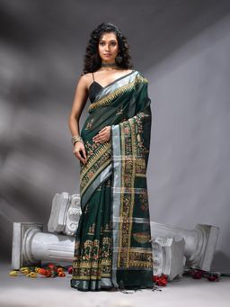 Angoshobha - Green Cotton Blend Printed Saree With Unstitched Blouse