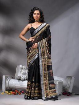 Angoshobha - Black Cotton Blend Printed Saree With Unstitched Blouse
