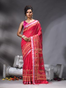 Angoshobha - Pink Cotton Blend Printed Saree With Unstitched Blouse