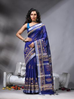 Angoshobha - Royal Blue Cotton Blend Printed Saree With Unstitched Blouse