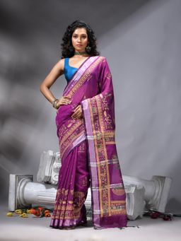 Angoshobha - Magenta Cotton Blend Printed Saree With Unstitched Blouse
