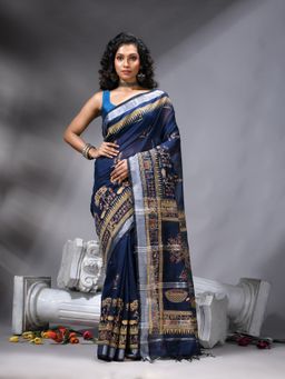 Angoshobha - Navy Blue Cotton Blend Printed Saree With Unstitched Blouse