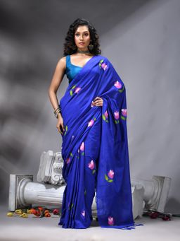Angoshobha - Blue Floral Printed Saree With Unstitched Blouse