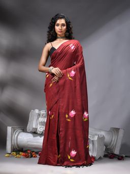 Angoshobha - Maroon Flower Printed Saree With Unstitched Blouse