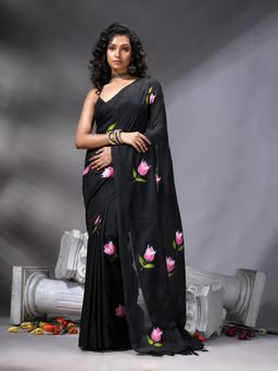 Angoshobha - Black Flower Printed Saree With Unstitched Blouse