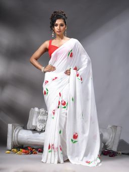 Angoshobha - White Flower Printed Saree With Unstitched Blouse